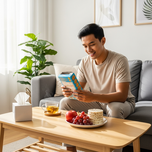 Man sitting on a couch in a living room, reading a food label with a cup of tea and snacks on the table.