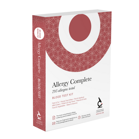 Allergy Complete blood test kit packaging with red and white design