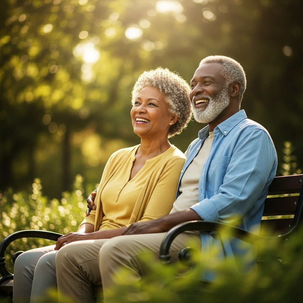 Senior couple sitting on a bench in a park, smiling and enjoying each other's company.