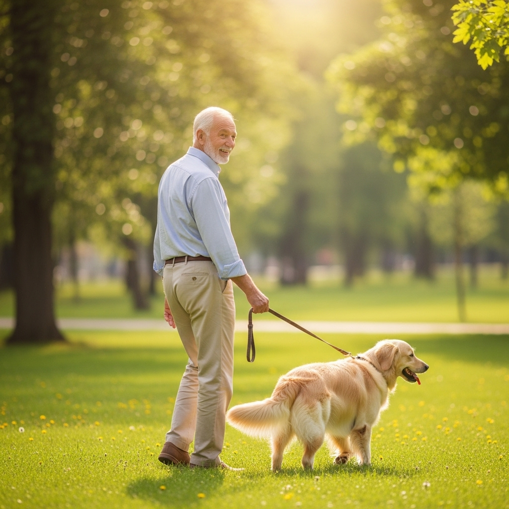 Man walking a dog in a park on a sunny day
