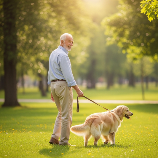 Man walking a dog in a park on a sunny day