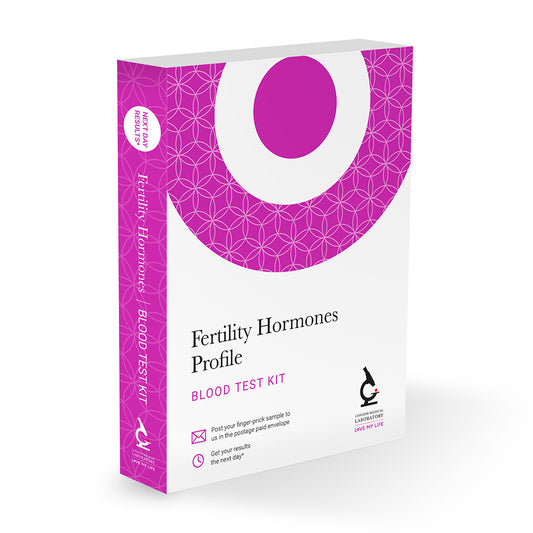 Fertility Hormones Profile blood test kit packaging with purple and white design on a white background