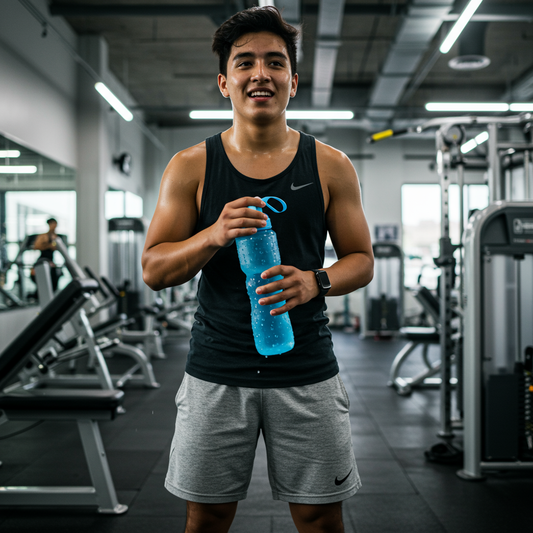 Man holding a blue water bottle in a gym setting