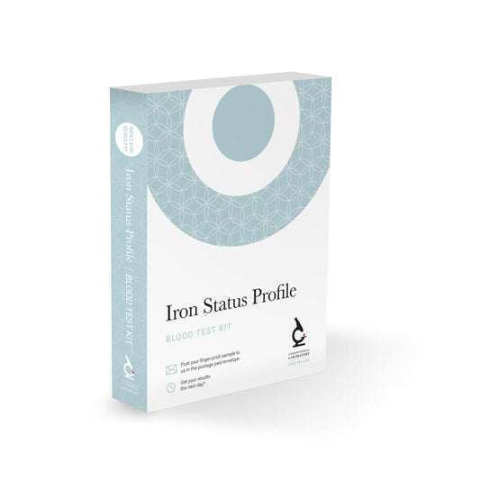Iron status profile blood test kit box on a white background