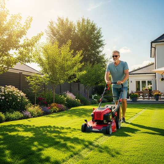 Man mowing a lawn with a red lawnmower on a sunny day.