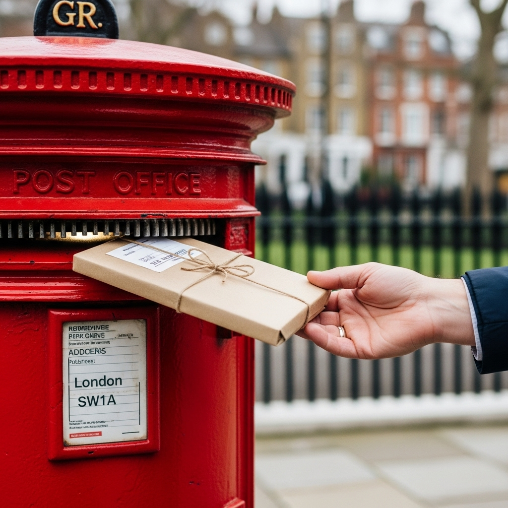 Hand placing a package into a red postbox with 'GR' on top, set against a blurred street background.