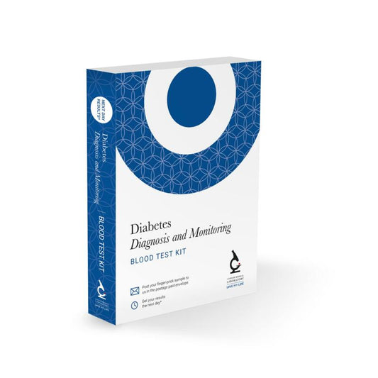 Diabetes blood test kit packaging with blue and white design on a white background
