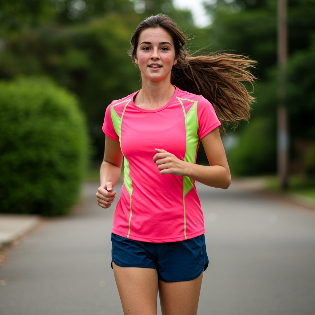 Woman running outdoors on a path with greenery in the background