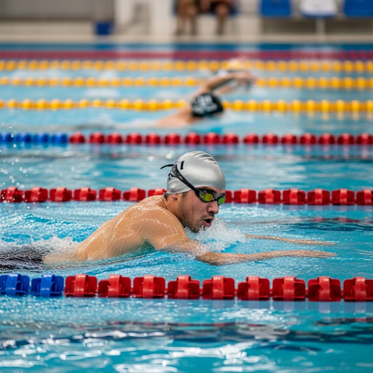 Swimmer in a pool with lane dividers and other swimmers in the background