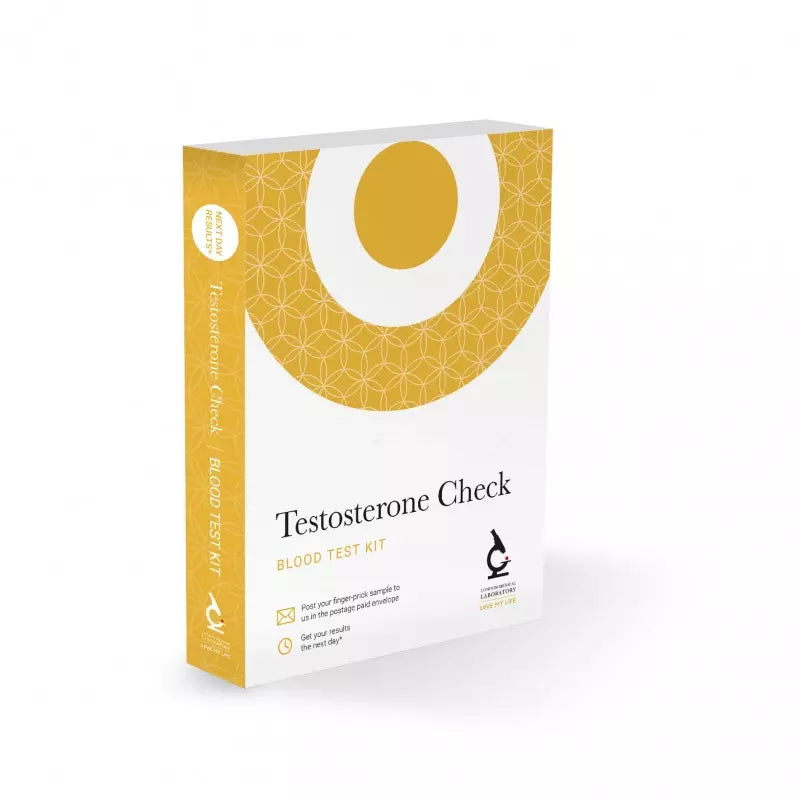 Testosterone check blood test kit packaging with yellow and white design on a white background