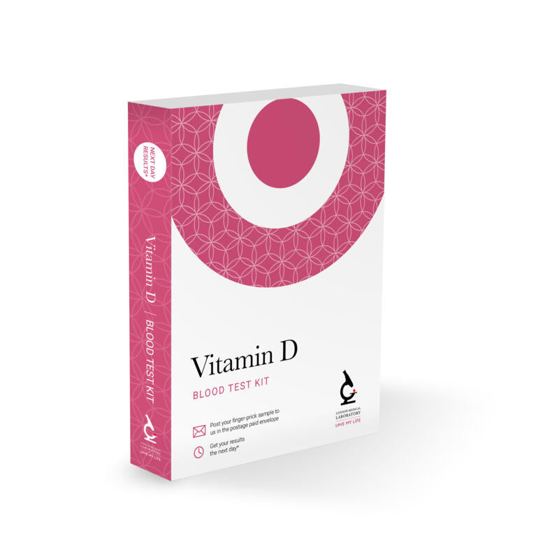 Vitamin D blood test kit packaging with pink and white design on a white background