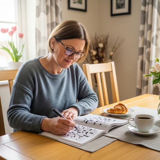 Woman solving a crossword puzzle at a table with coffee and pastries.