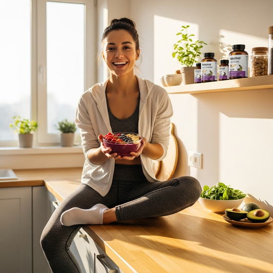 A young woman sitting on a kitchen counter with a bowl of yoghurt and fruit, sunlight is streaming through the window