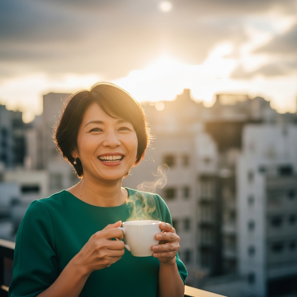 Woman holding a steaming cup with a cityscape in the background