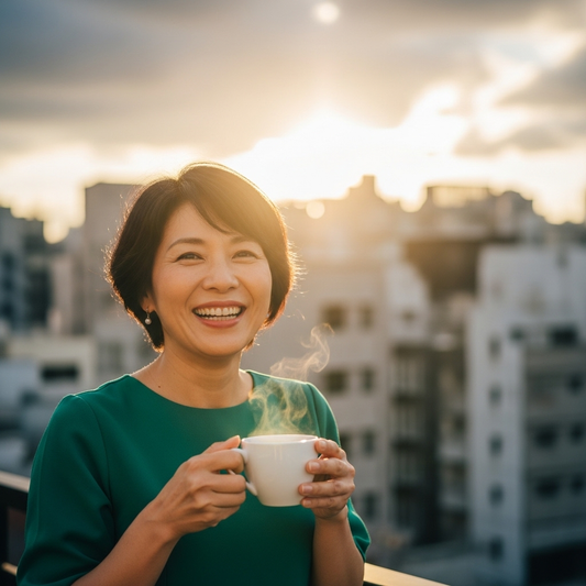 Woman holding a steaming cup with a cityscape in the background